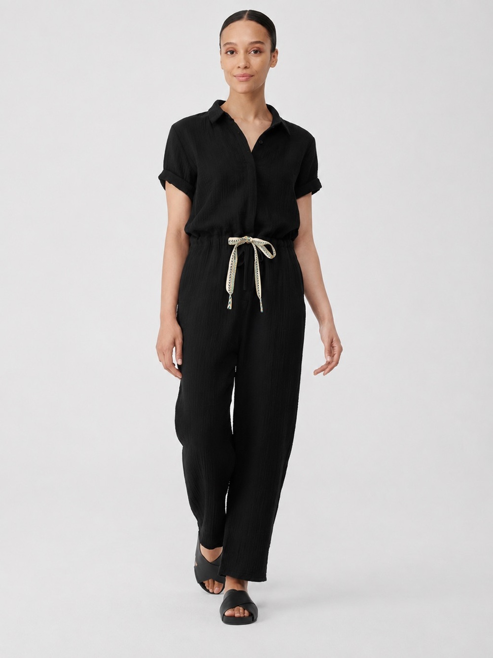 Eileen Fisher System Organic Cotton Black Gauze Jumpsuit Size Large Drawstring